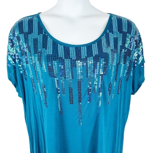Short Sleeve Teal Blue Sequin Drizzle Tee Size 2X - Picture 3 of 8